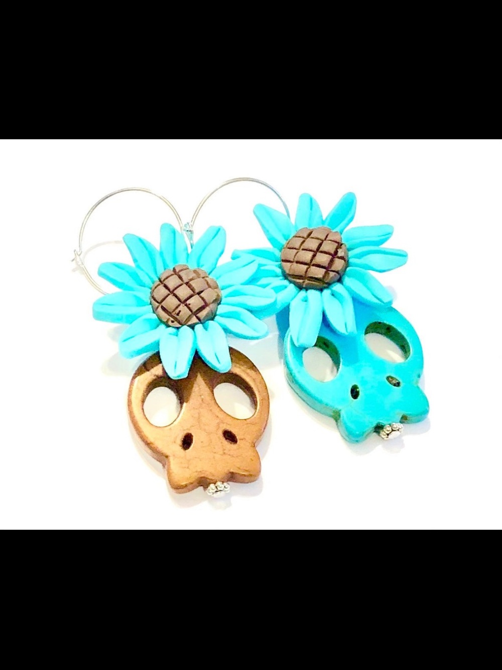 Turquoise Flower Skull Hoop Earrings